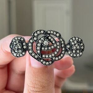 Vintage Christian Dior Camellia Rose Flower Rhinestone Patinated Silver Brooch